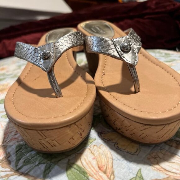 Shoes - Coach Cork Wedge sandals size 9 1/2 silver tan
